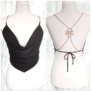 Forplay black draped cowl neck gold metal chain strap open back crop top